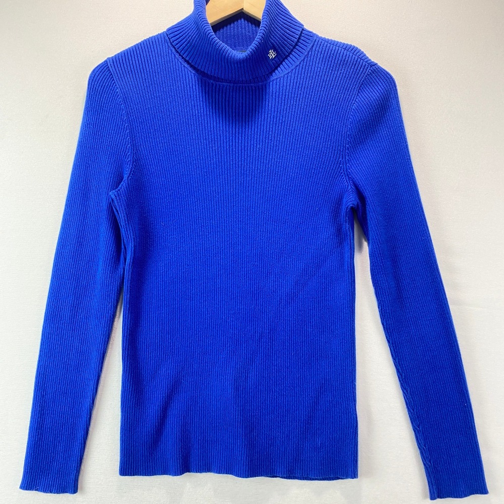 Lauren Ralph Lauren Ribbed Turtleneck Women M Royal Blue Cotton Logo Sweater